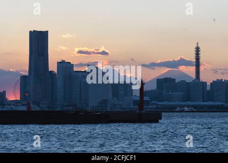 Yokohama Skyline at Sunset with Mt. Fuji in the Background