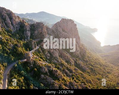 'Calanques de Piana' badlands and scenic road on the sea, Corse, France Stock Photo