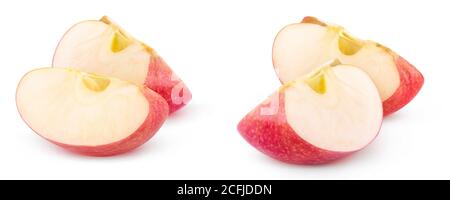Isolated apple fruit pieces. Two wedges of red apple isolated on white background Stock Photo
