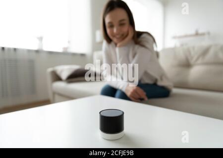 Close up focus on digital portable assistant on table. Stock Photo
