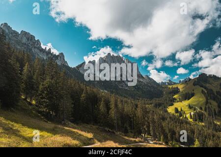 Mountain panorama of the Gastlosen mountains in Switzerland with meadows and forests on a day with clouds Stock Photo