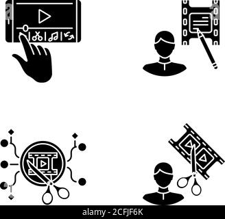 Movie making black glyph icons set on white space Stock Vector