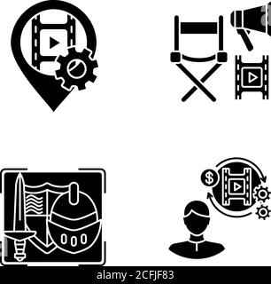 Film production process black glyph icons set on white space Stock Vector