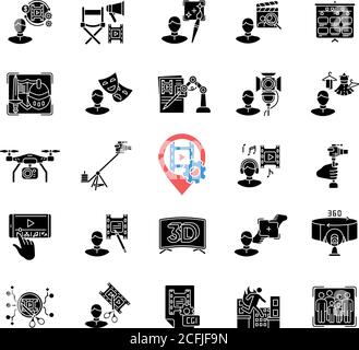 Film making process and staff black glyph icons set on white space Stock Vector