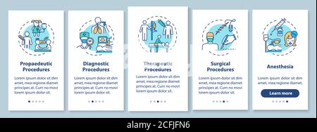 Medical procedures types onboarding mobile app page screen with concepts Stock Vector