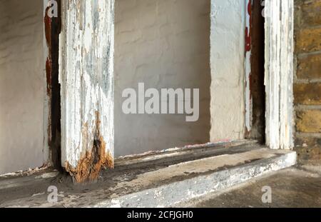 Close up of rotten sash window frame against white background. Sash ...