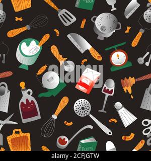 Cooking seamless pattern, kitchen utensil and appliance, hand drawn illustration in scandinavian style, seamless vector texture, kitchenware objects Stock Vector
