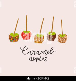 Caramel apples set, various taffy or toffee apples-on-a-stick decorated with various topping with caramel or red dipping, hand drawn modern Stock Vector