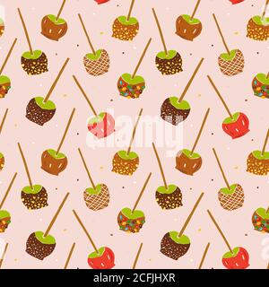 Caramel apples seamless pattern, various toffee apples-on-a-stick with various topping with caramel dipping, hand drawn doodle illustration, vector Stock Vector