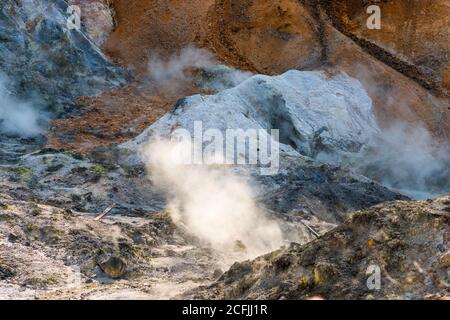 Jigokudani, known in English as 'Hell Valley' is the source of hot springs for many local Onsen Spas in Noboribetsu, Hokkaido, Japan. Stock Photo