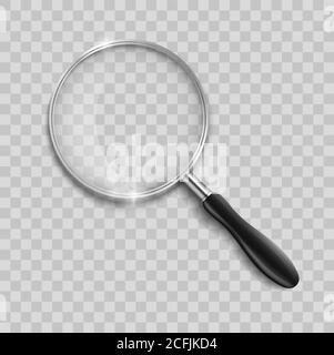 Magnifying glass with steel frame. Realistic Magnifying glass lens on transparent background. 3d magnifier loupe vector illustration Stock Vector