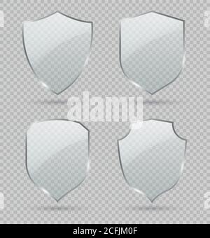 Glass shield. Set of transparent glass shields. Conceptual symbol of protection, safety, security and guarding. Vector Stock Vector