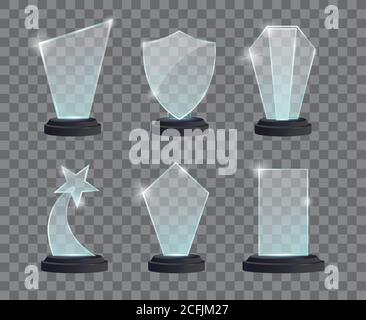 Glass trophy award with dark stand. Vector awards on transparent background Stock Vector