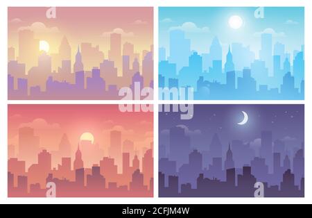 Daytime cityscape morning, day and night city skyline landscape, town buildings in different time and urban cityscape town sky. Architecture Stock Vector