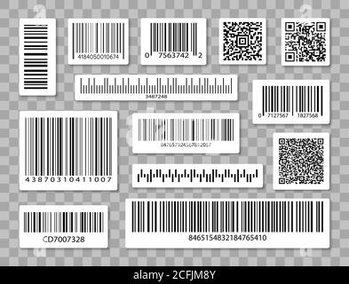 Barcode labels. Code stripes sticker, digital bar label. Industrial barcodes, customers qr code. Vector set