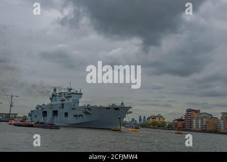 The Royal Navy amphibious assault ship HMS Ocean (L12) moored on the River Thames to provide logistic support during the 2012 London Olympics Stock Photo