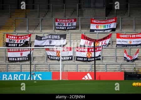 Leigh Sports Village, Lancashire, UK. 6th Sep, 2020. Women's English Super League, Manchester United Women versus Chelsea Women; Flags in the stands as no fans present Credit: Action Plus Sports/Alamy Live News Stock Photo