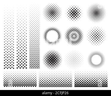 Collection set of different abstract halftone art elements. Dots, squares, and line patterns included. Stock Vector
