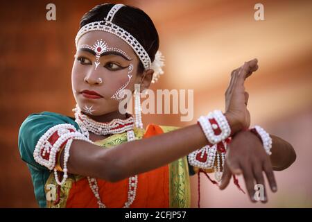 Young Gotipua dancer in the traditional heritage crafts village Raghurajpur near Puri, Odisha, India Stock Photo