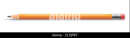 Realistic pencil with eraser. Yellow drawing tool for education and studies. Office supplies, stationery element. Vector Stock Vector