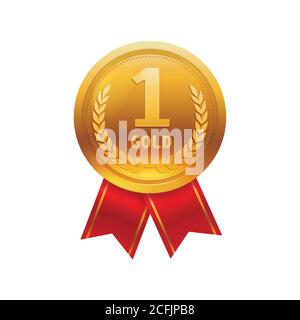 Champion golden medal with red ribbon. First Place medal isolated on white background. Vector Stock Vector