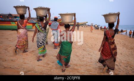 Market women wait for fish on the beach near the traditional fishing colony in Puri, Odisha, India Stock Photo