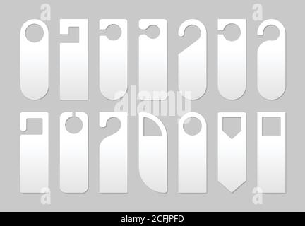 Creative vector illustration of realistic plastic paper door handle lock hangers set. Empty blank mockup. Stock Vector