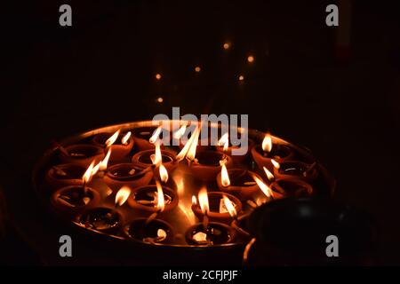 Beautiful clay diyas lit up during festival of lights, indian festival, Diwali Stock Photo