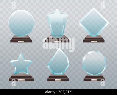 Glass trophy. Collection of isolated vector illustration of modern glass trophies, prizes Stock Vector