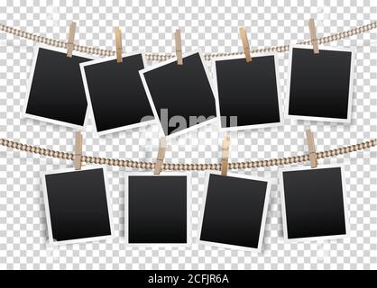 Paper Photo Frame Retro Style Hanging by Clip on Rope, Transparent Background. Stock Vector