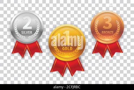 Champion Medal set. Gold, Silver and Bronze Medal with Red Ribbon Icon Sign First, Second and Third Place Isolated on Transparent Background. Vector Stock Vector