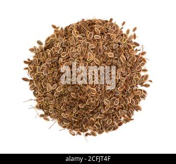 Heap of dill seeds isolated on white. Top view. Stock Photo