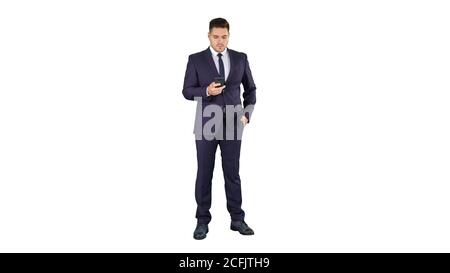 Serious worried businessman trying to call someone and can't get through Call failed on white background. Stock Photo