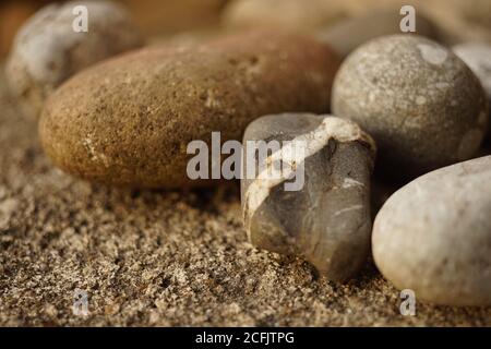 pebble stones closeup on the stone table Stock Photo
