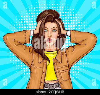 Pop art shocked, surprised girl in jacket with opened mouth and wide open eyes. Young brunette woman touches head with her hands with amazed face. Ill Stock Photo