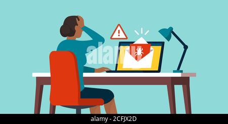 Shocked woman receiving an e-mail containing a virus, cybercrime and internet safety concept Stock Vector