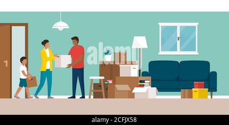 Happy family moving in their new home and carrying boxes inside, home relocation concept Stock Vector