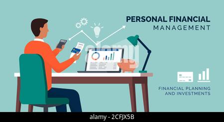 Personal finance management: man managing his personal finances at home using a calculator and a financial software tool Stock Vector