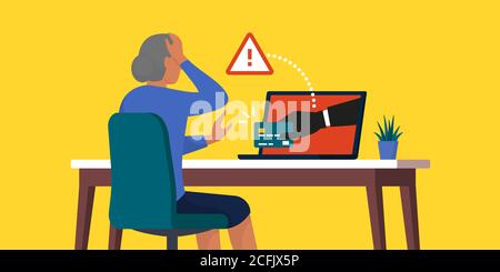 Scammer stealing a credit card from a senior woman online, internet fraud and seniors concept Stock Vector