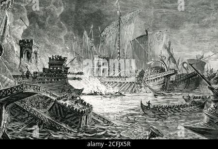 The Sea-Fight at Actium (31 B.C.). This was the greatest naval battle of ancient history. In it, Augustus, the first of the Roman emperors, defeated his rival, Marc Antony, for the empire of the world. The fight itself was terrific. The ships of Antony and Cleopatra were of the Eastern build, huge and slow-moving, covered with towers and great engines of war. The vessels of Augustus were much smaller, swifter, and more numerous. They darted in and out among their adversaries, and swept away the great, cumbrous rows of oars The huge hulks remained helpless but unconquerable; until Antony fled a