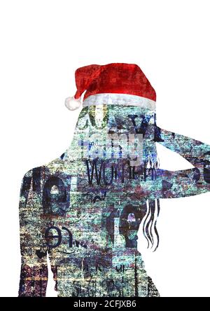 Mixed media contemporary fashion art Happy New Year and Merry Christmas collage. Beautiful girl silhouette in red Santa Claus hat with newspaper textu Stock Photo