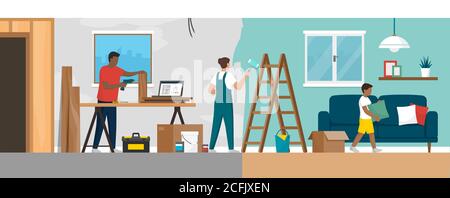 Home renovation process: family doing a DIY home makeover together Stock Vector