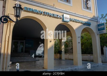 A branch of the National Bank of Greece in Lefkada town. Stock Photo