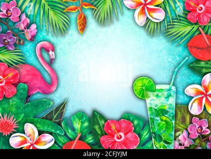 Abstract summer watercolor tropical paradise. Hand drawn colorful paper tropic plants, pink flamingo, mojito cocktail on teal watercolour background. Stock Photo