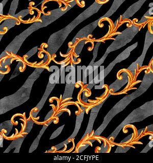 Seamless Golden Baroque Pattern with Zebra for Fabric. Trendy