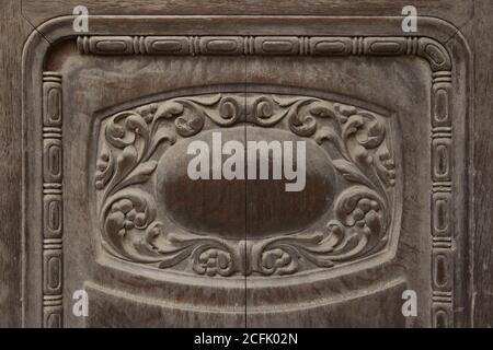 Jugendstil wooden carved door in the historical centre in Wittenberg, Saxony-Anhalt, Germany. Stock Photo