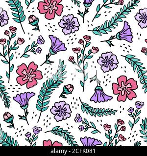Background with romantic pink and violet flowers. Vector seamless pattern. Stock Vector