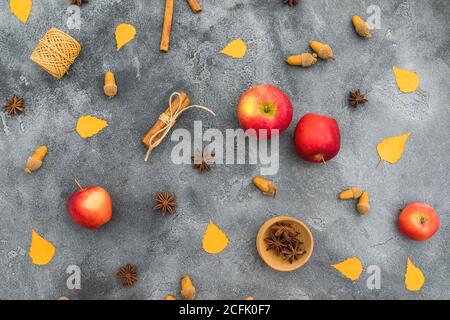 Thanksgiving day concept. Fall leaves, apple, cinnamon and acorns on dark. Flat lay, top view Stock Photo