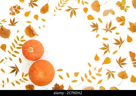 Frame of autumnal fall leaves and pumpkins on white background. Thanksgiving day concept. Flat lay, top view Stock Photo