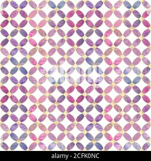 Seamless watercolour colorful pink purple gold glitter abstract texture. Watercolor hand drawn background with overlapping circles and golden contour Stock Photo